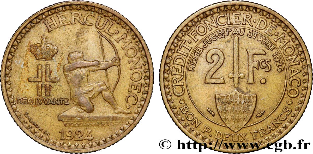 MONACO 2 Francs émission du Crédit Foncier de Monaco 1924 Poissy XF 