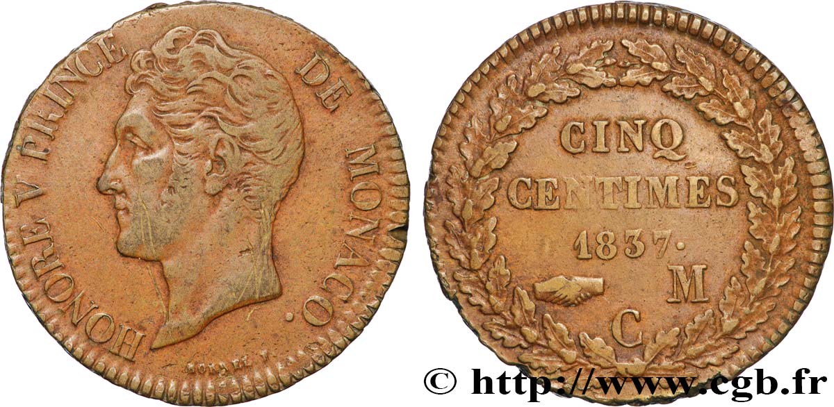 MONACO - HONORE V 5 Centimes petite tête en cuivre rouge 1837 Monaco XF 