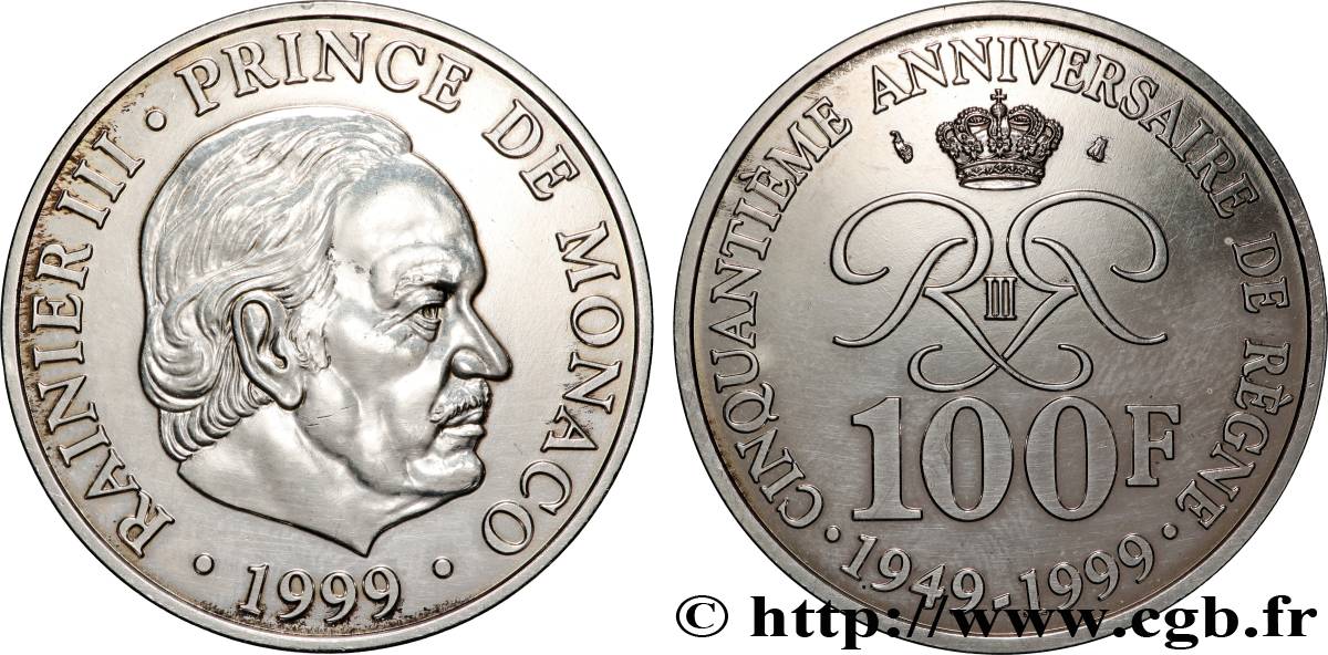 MONACO 100 Francs Rainier III 50e anniversaire de règne 1999 Paris VZ 