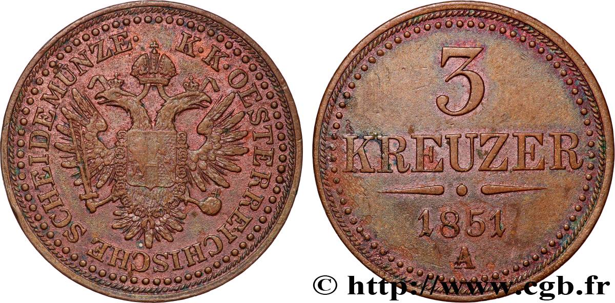 AUSTRIA 3 Kreuzer aigle bicéphale 1851 Vienne XF 