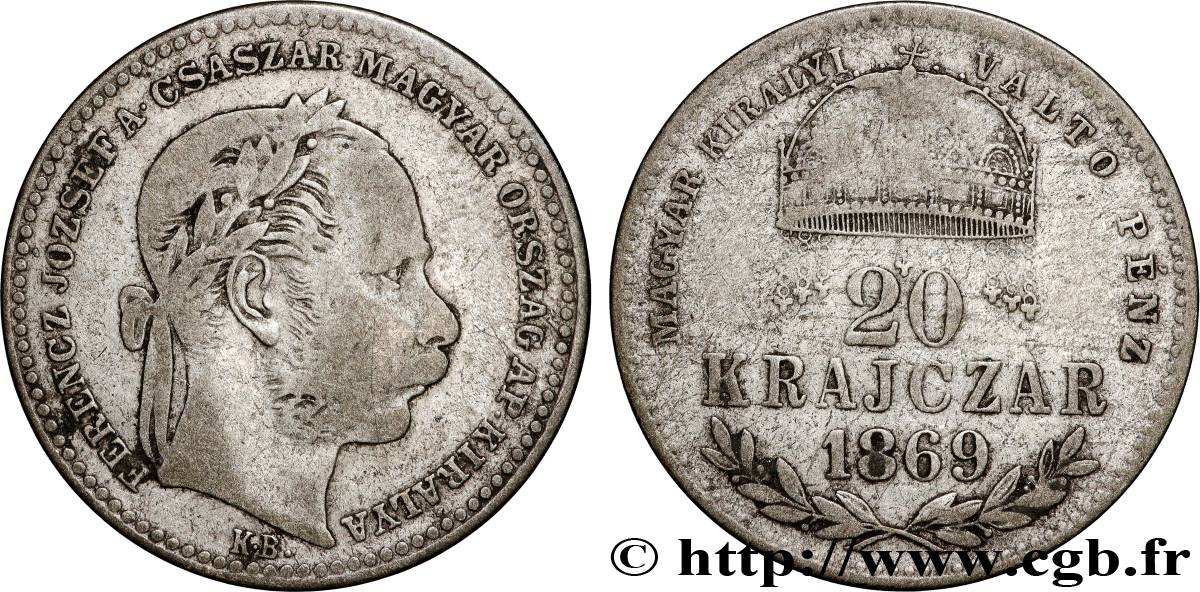 HONGRIE 20 Krajczar François Joseph Ier 1869 Kremnitz - B TB 