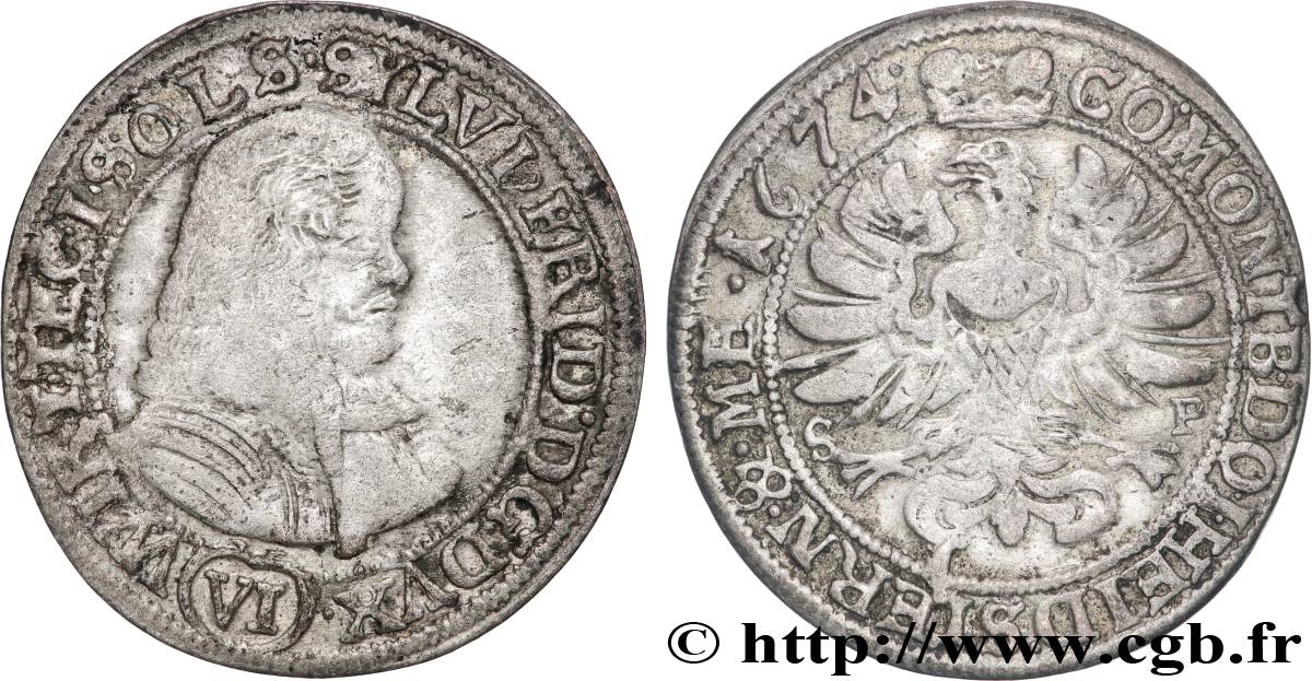 ALEMANIA - WURTEMBERG 6 Kreuzer au nom de Sylvain-Frédéric 1674 Stuttgart BC+ 