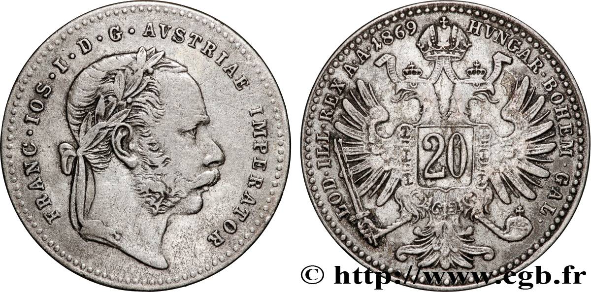 ÖSTERREICH 20 Kreuzer Empereur François-Joseph Ier tête laurée / aigle bicéphale 1869 Vienne fSS 