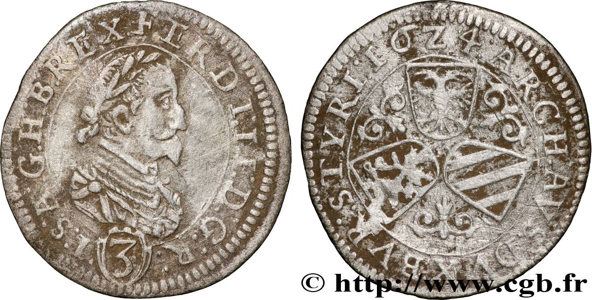 AUTRICHE 3 Kreuzer Ferdinand II 1624 Graz TB+ 