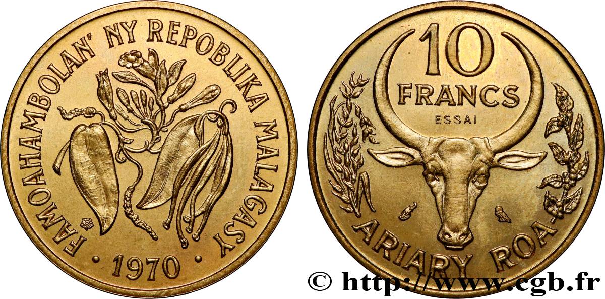 MADAGASCAR Essai de 10 Francs - 2 Ariary 1970 Paris MS 