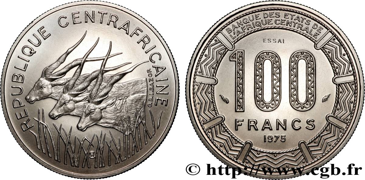 REPUBBLICA CENTRAFRICANA Essai de 100 Francs antilopes type “BEAC” 1975 Paris MS 