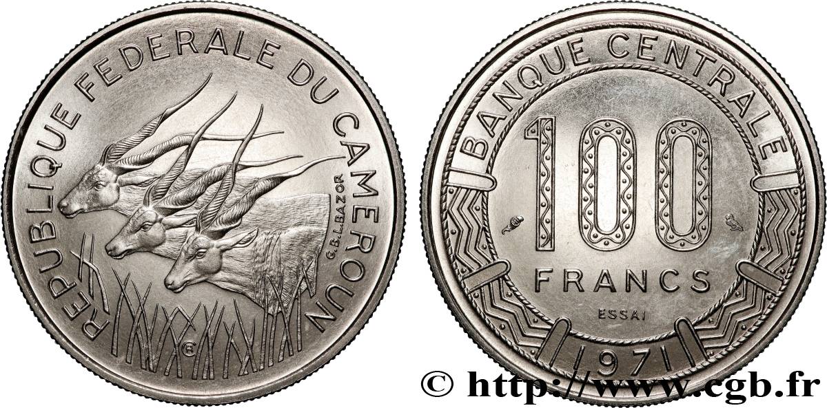 CAMEROON Essai de 100 Francs République Fédérale du Cameroun, antilopes 1971 Paris MS 