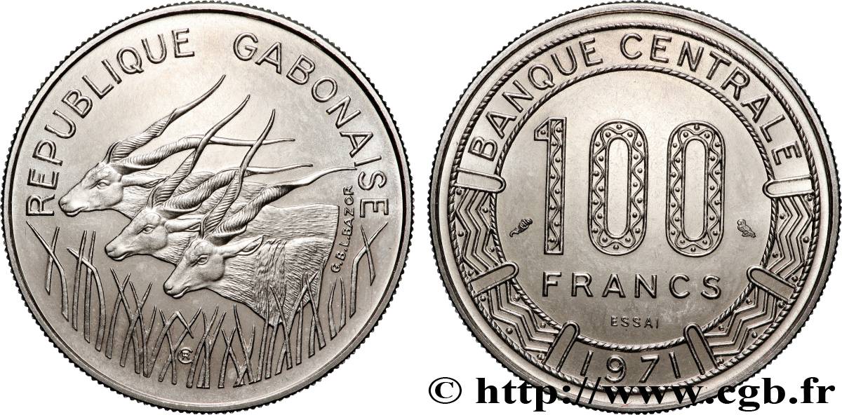 GABON Essai de 100 Francs antilopes type “Banque Centrale” 1971 Paris SPL 