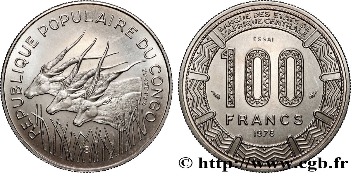 CONGO (RÉPUBLIQUE) Essai de 100 Francs type “BCEAC”, antilopes 1975 Paris SPL 