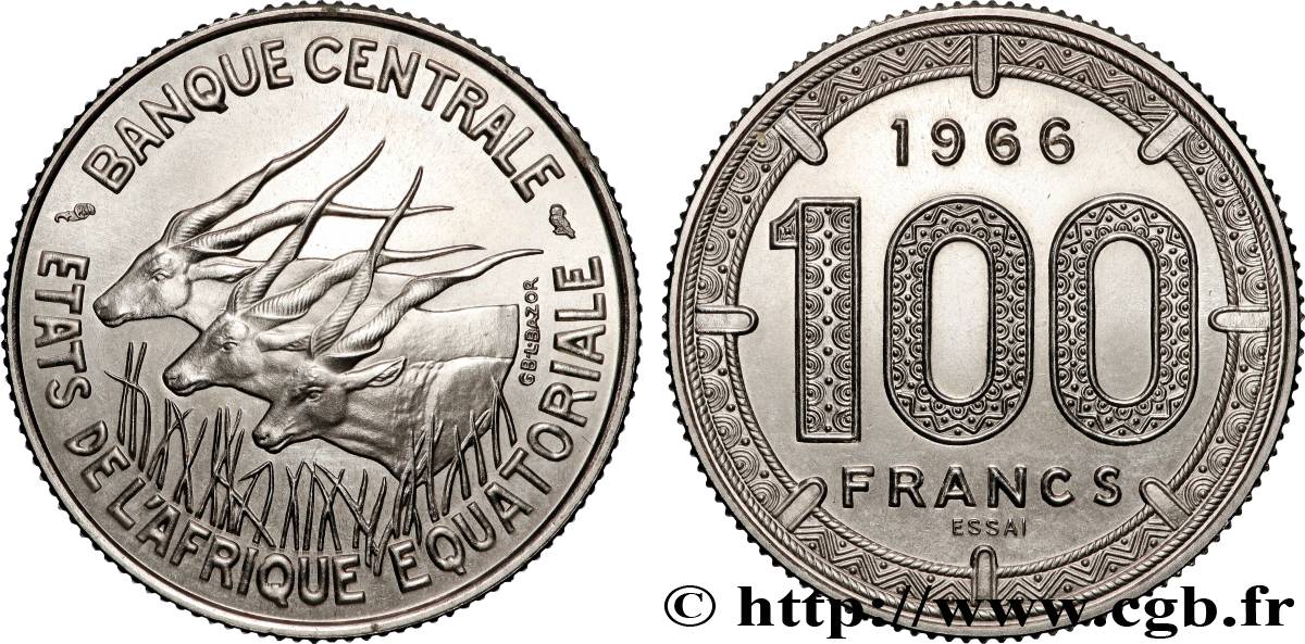 ÄQUATORIALAFRIKA Essai de 100 Francs antilopes 1966 Paris fST 