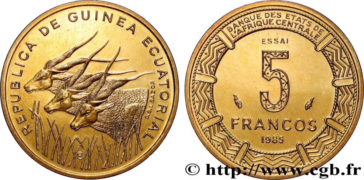 EQUATORIAL GUINEA Essai de 5 Francos BEAC antilopes 1985 Paris MS 