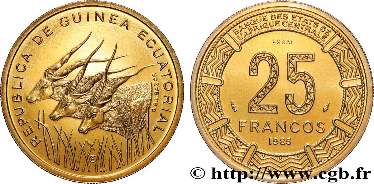 GUINEA ECUATORIAL Essai de 25 Francos BEAC antilopes 1985 Paris SC 