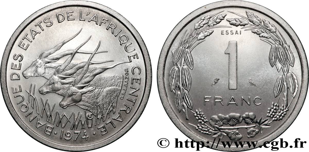 ÉTATS DE L AFRIQUE CENTRALE Essai de 1 Franc antilopes 1974 Paris SPL 