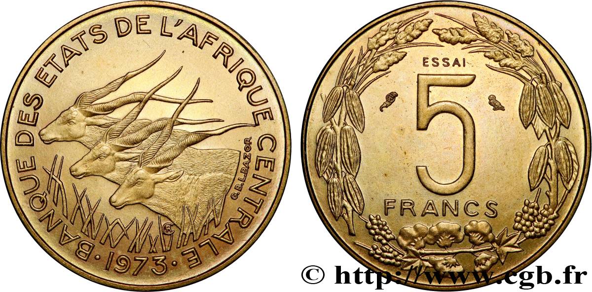 ESTADOS DE ÁFRICA CENTRAL
 Essai de 5 Francs antilopes 1973 Paris SC 