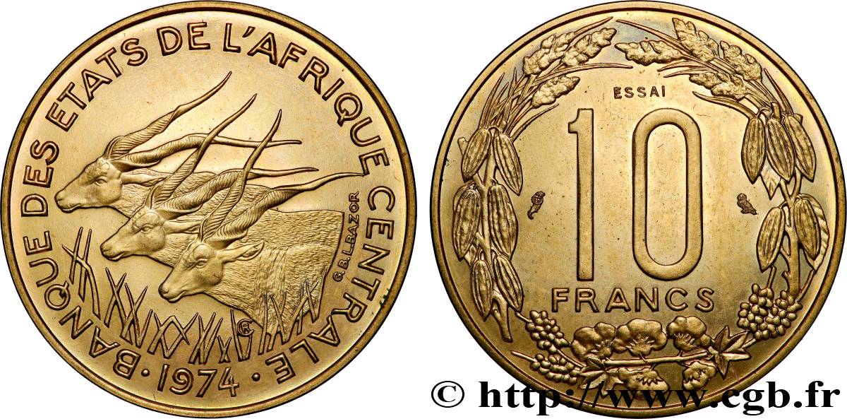 STATI DI L  AFRICA CENTRALE Essai de 10 Francs antilopes 1974 Paris MS 