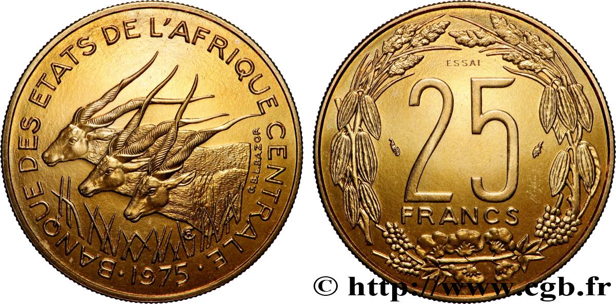 ÉTATS DE L AFRIQUE CENTRALE Essai de 25 Francs grandes antilopes 1975 Paris SPL 