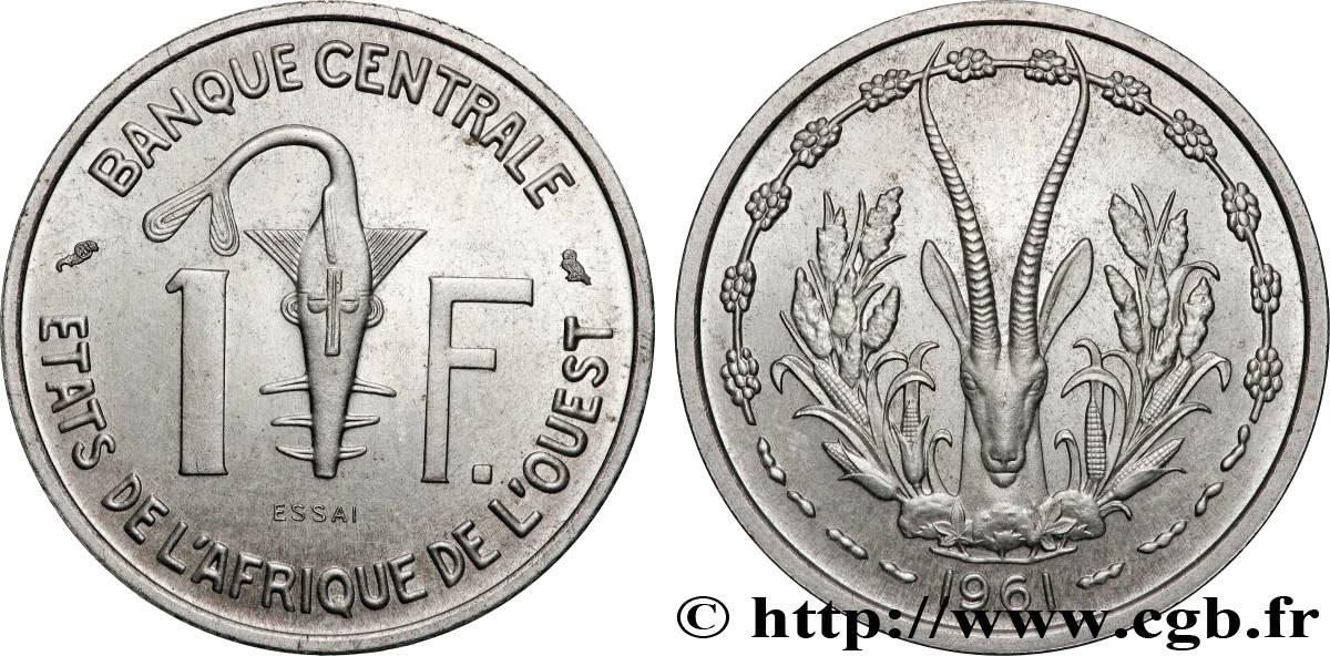 STATI DI L  AFRICA DE L  OVEST Essai de 1 Franc masque / antilope 1961 Paris MS 