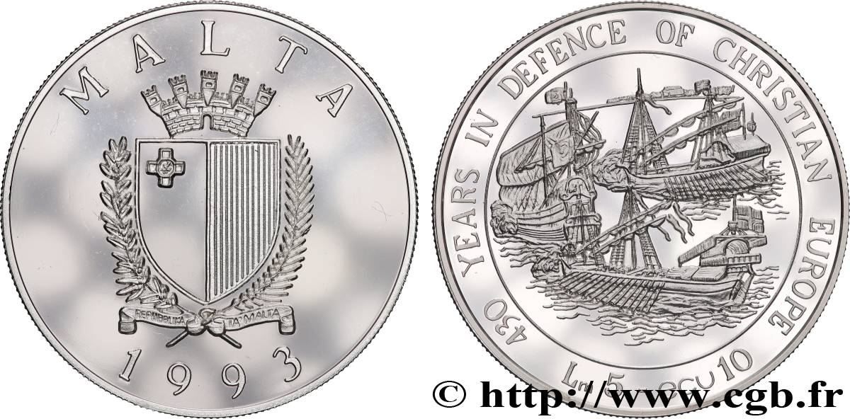 MALTA 5 Lira - 10 Écus Proof 430 ans de défense du christianisme 1993  MS 