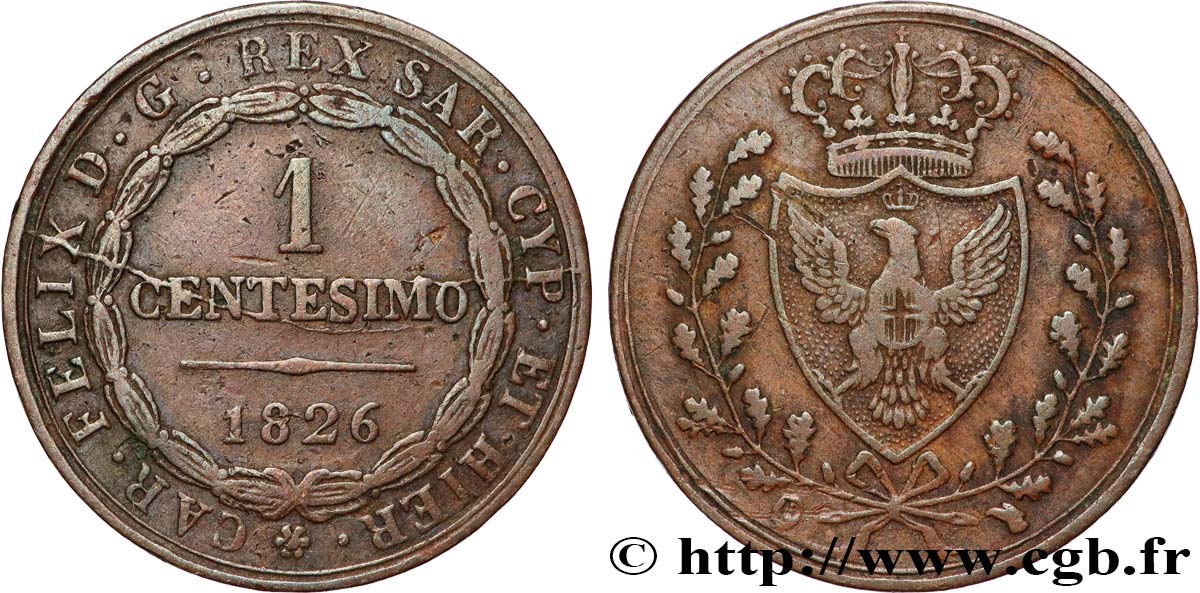 ITALIA - REGNO DE SARDINIA 1 Centesimo Charles Félix “P” 1826 Turin q.BB 