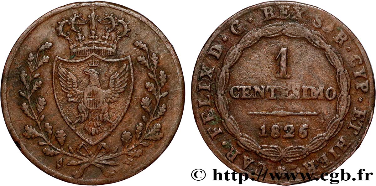 ITALY - KINGDOM OF SARDINIA 1 Centesimo Charles Félix “L” 1826 Turin XF 