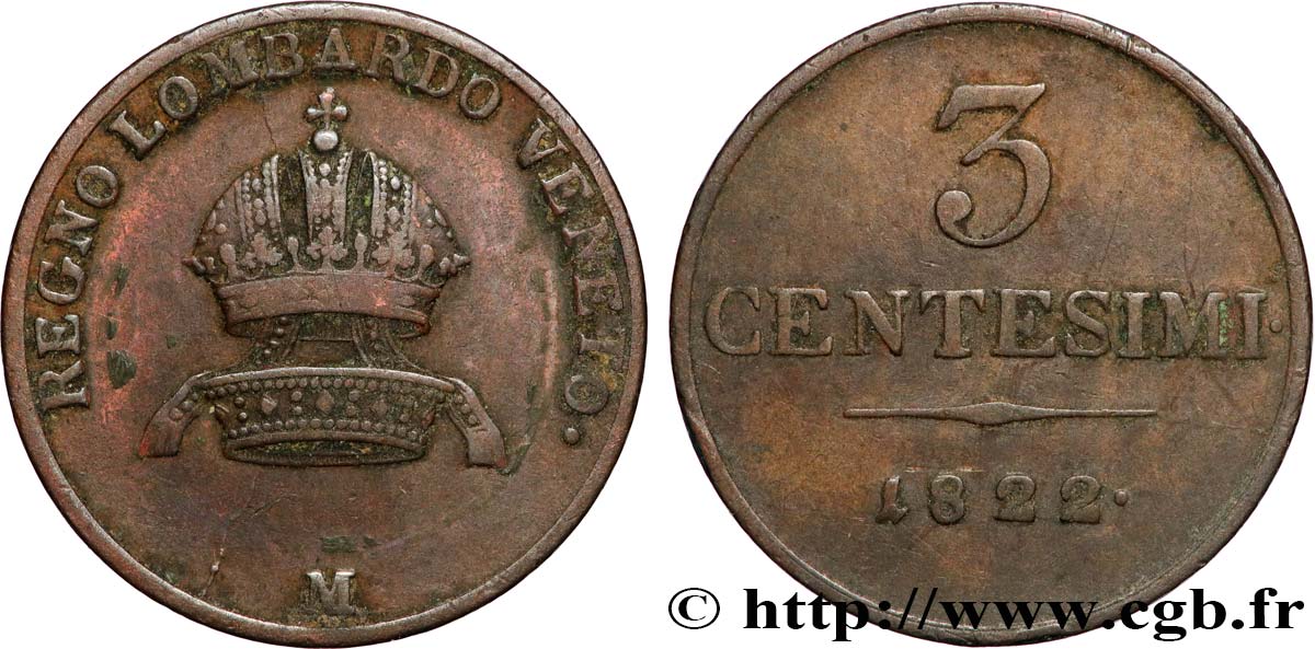 ITALIE - LOMBARDIE-VENITIE 3 Centesimi 1822 Milan - M TB+ 