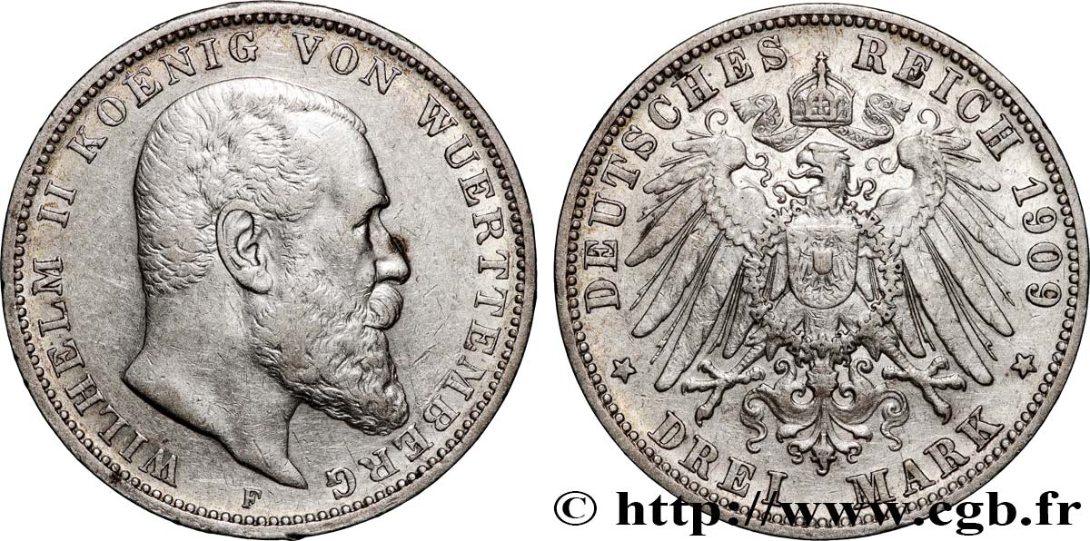 GERMANY - KINGDOM OF WURTTEMBERG - WILLIAM II 3 Mark  1909 Stuttgart XF 