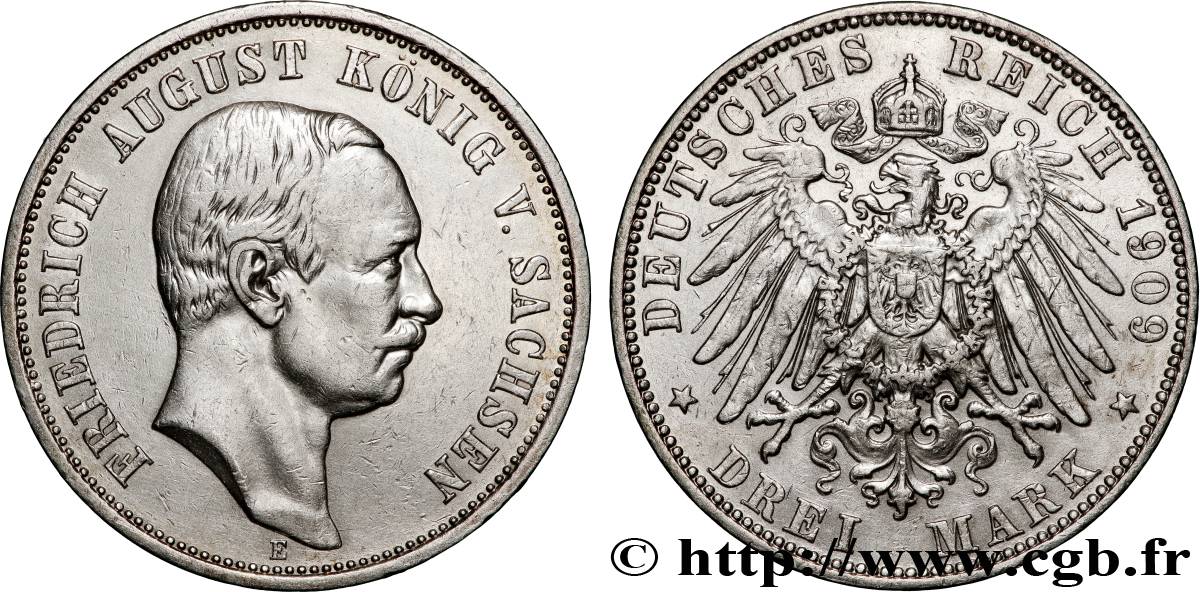 GERMANY - SAXONY 3 Mark Frédéric Auguste roi de Saxe 1909 Muldenhütten - E XF 