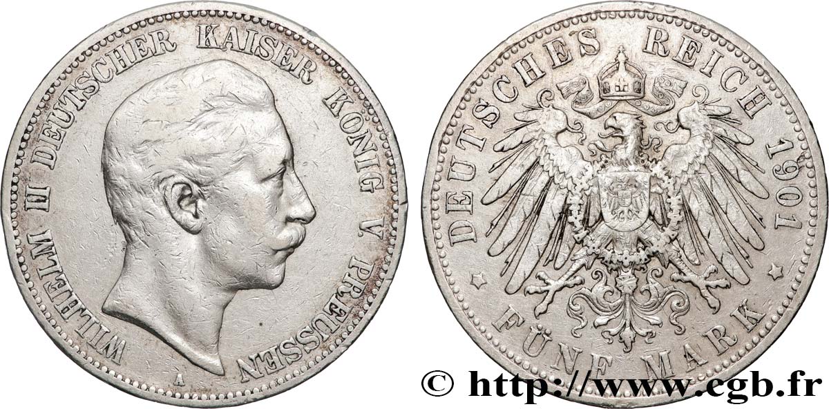 GERMANIA - REGNO DI PRUSSIA - GUGLIELMO II 5 Mark  1901 Berlin q.BB 