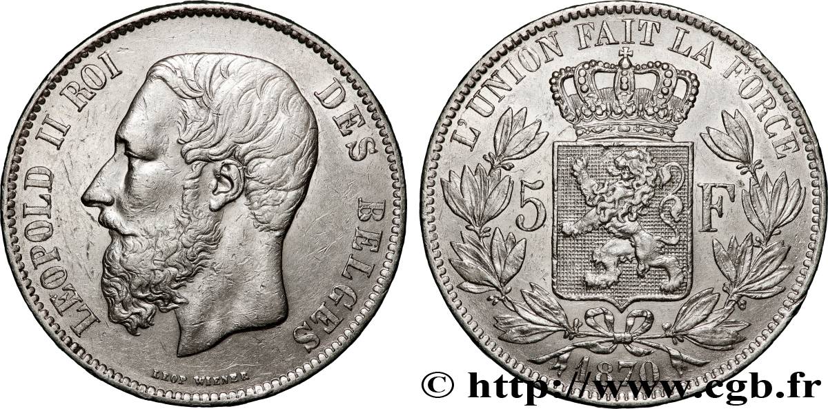 BELGIQUE - ROYAUME DE BELGIQUE - LÉOPOLD II 5 Francs 1870  TTB+ 