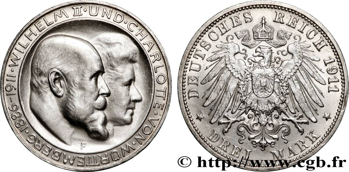 DEUTSCHLAND - WÜRTTEMBERG 3 Mark Guillaume II et Charlotte 1911 Stuttgart VZ 