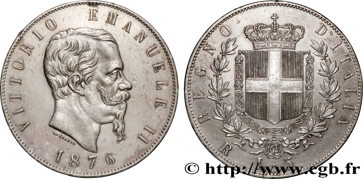 ITALY - KINGDOM OF ITALY - VICTOR-EMMANUEL II 5 Lire  1876 Rome XF 