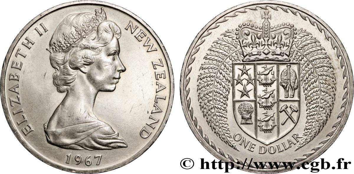 NOUVELLE-ZÉLANDE 1 Dollar Elisabeth II / Emblème couronné entouré de fougères 1967 Royal British Mint SUP 