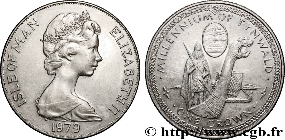 ÎLE DE MAN 1 Crown Millénaire du Tynwald (parlement) drakkar et Godred Cravan 1979 Pobjoy Mint SUP 