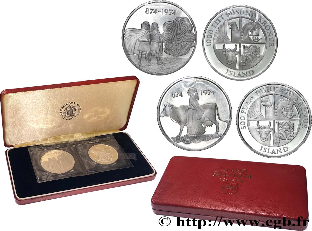 ISLANDE - RÉPUBLIQUE Proof Set de deux pièces, 1100e anniversaire du peuplement de l Islande 1974  SPL 