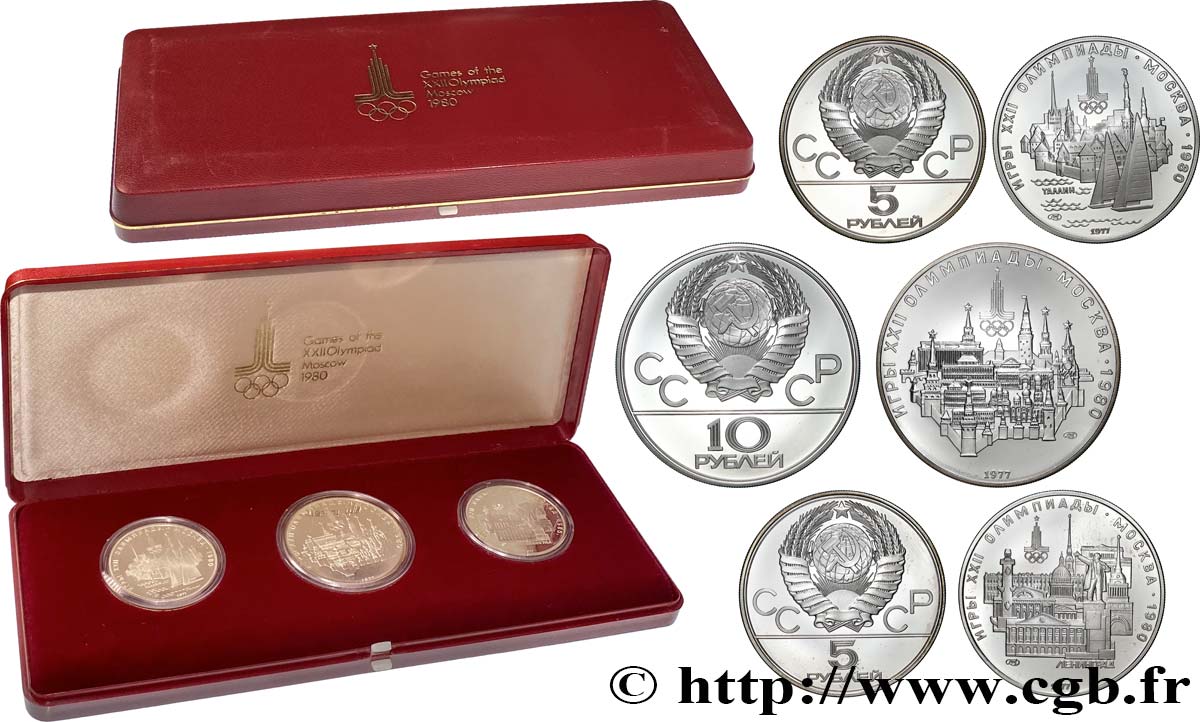 RUSSIE Coffret 3 pièces 5 et 10 Roubles Proof J.O. de Moscou 1977 Moscou SPL 