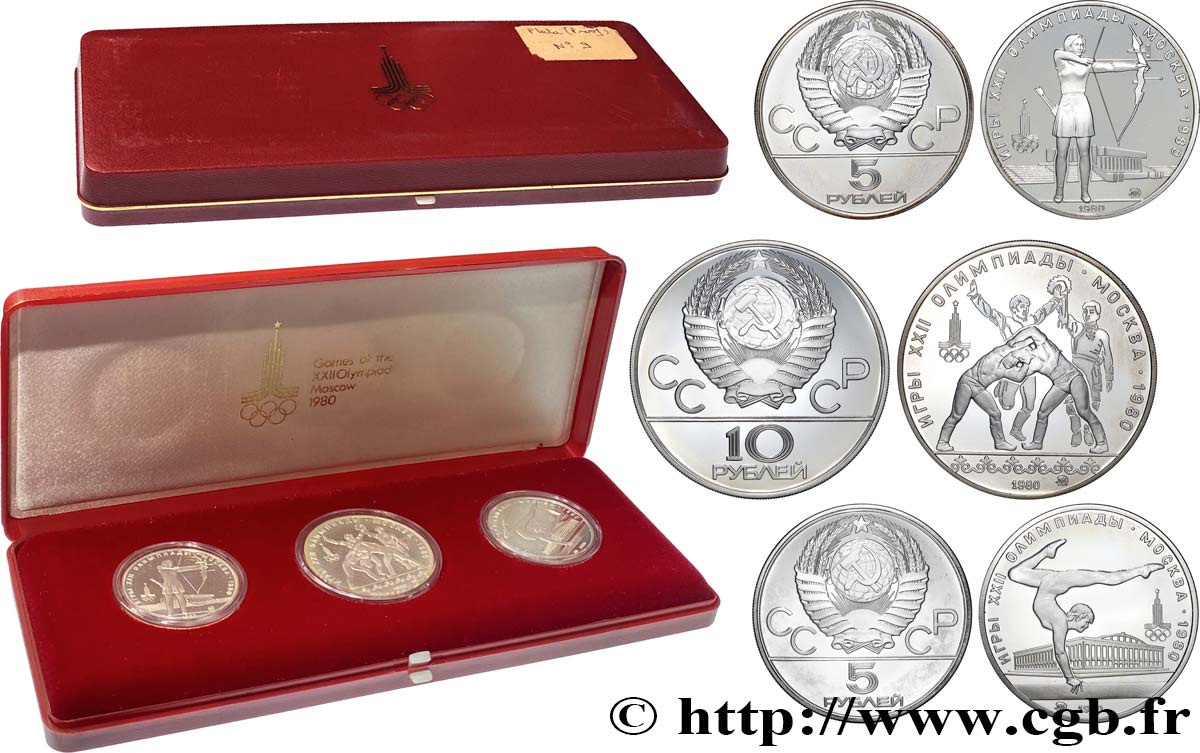 RUSSIA Coffret 3 pièces 5 et 10 Roubles Proof J.O. de Moscou 1980 Moscou MS 