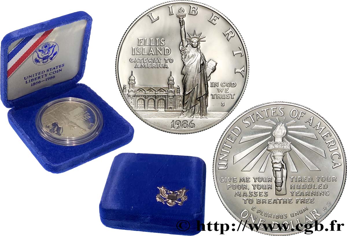 ÉTATS-UNIS D AMÉRIQUE 1 Dollar Proof Statue de la Liberté, Ellis Island 1986 San Francisco FDC 