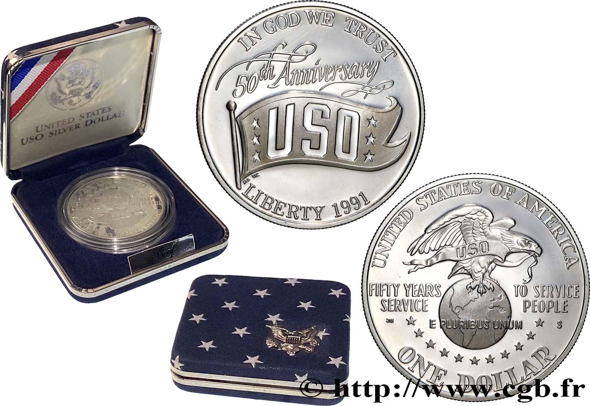 VEREINIGTE STAATEN VON AMERIKA 1 Dollar Proof 50e anniversaire de la United Service Organization 1991 San Francisco ST 