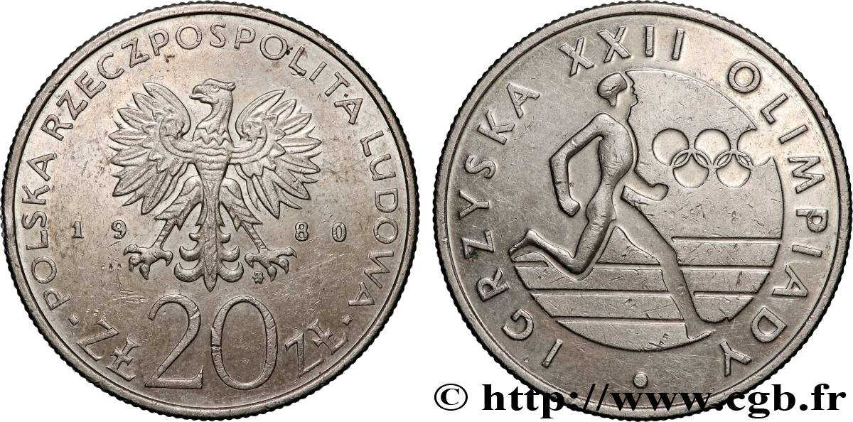 POLOGNE 20 Zlotych XXIIe Jeux Olympiques (Moscou) 1980 Varsovie SUP 