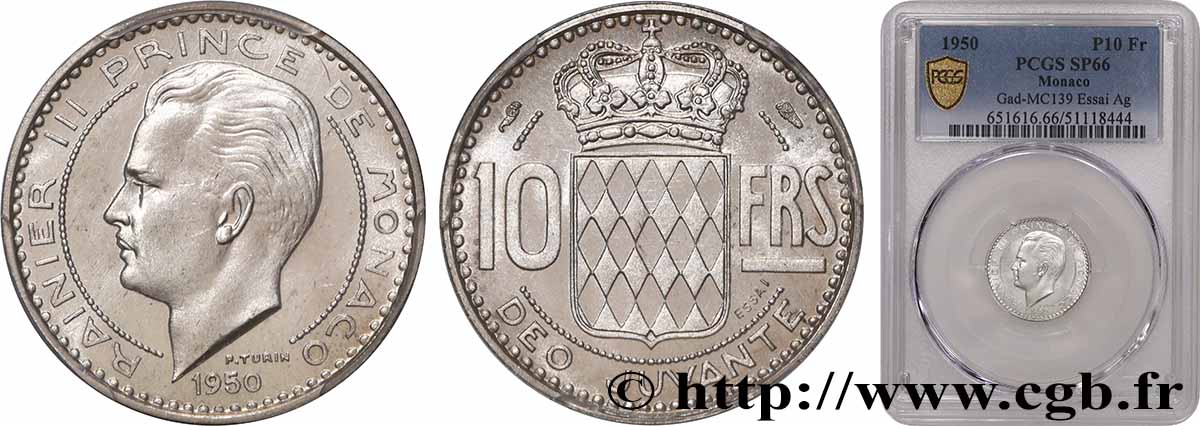 MONACO - PRINCIPALITY OF MONACO - RAINIER III Essai de 10 Francs argent 1950 Paris MS66 PCGS