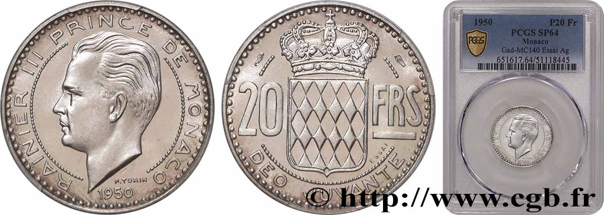 MONACO - PRINCIPALITY OF MONACO - RAINIER III Essai de 20 Francs argent 1950 Paris MS64 PCGS