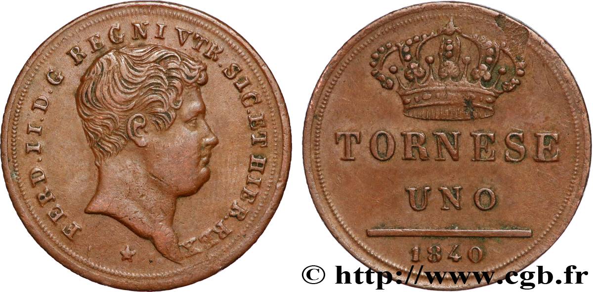 ITALY - KINGDOM OF THE TWO SICILIES - FERDINAND II 1 (Uno) Tornese 1840 Naples XF 