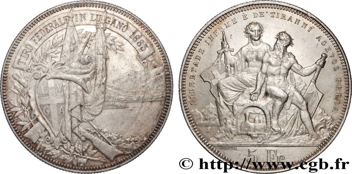 SWITZERLAND 5 Francs, concours de Tir de Lugano 1883  AU 