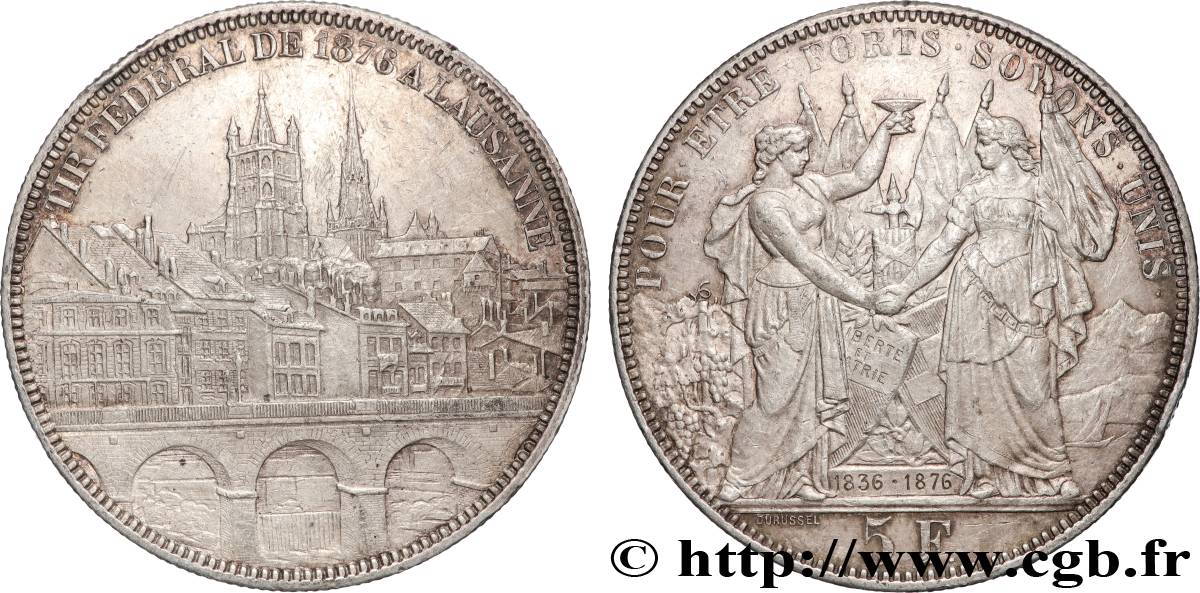 SWITZERLAND 5 Francs, monnaie de Tir, Lausanne 1876  AU 