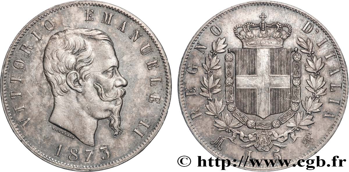 ITALY 5 Lire Victor Emmanuel II 1873 Milan XF 