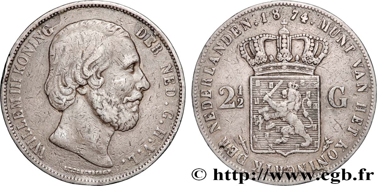 PAYS-BAS - ROYAUME DES PAYS-BAS - GUILLAUME III 2 1/2 Gulden  1874 Utrecht BB 