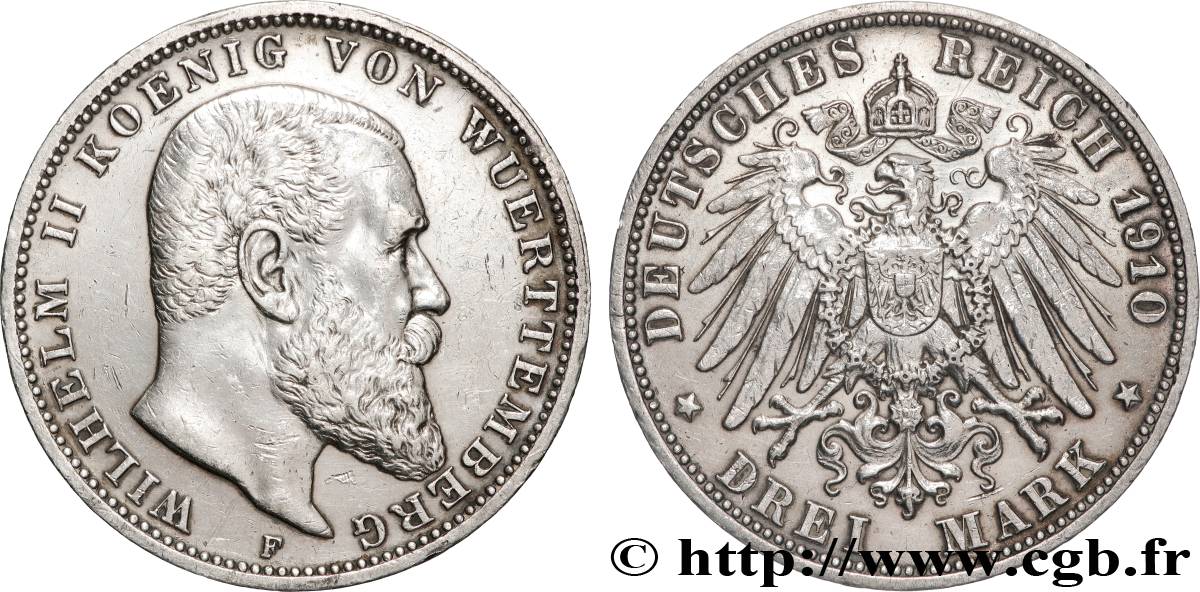 GERMANY - WÜRTTEMBERG 3 Mark Guillaume II 1910 Stuttgart AU 