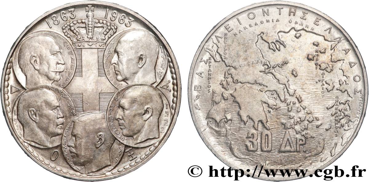 GREECE 30 Drachmes Centenaire de la dynastie danoise 1963  AU 