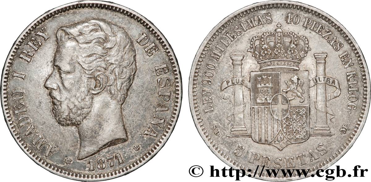 ESPAGNE - ROYAUME D ESPAGNE - AMÉDÉE Ier 5 Pesetas  1871 Madrid TB+ 