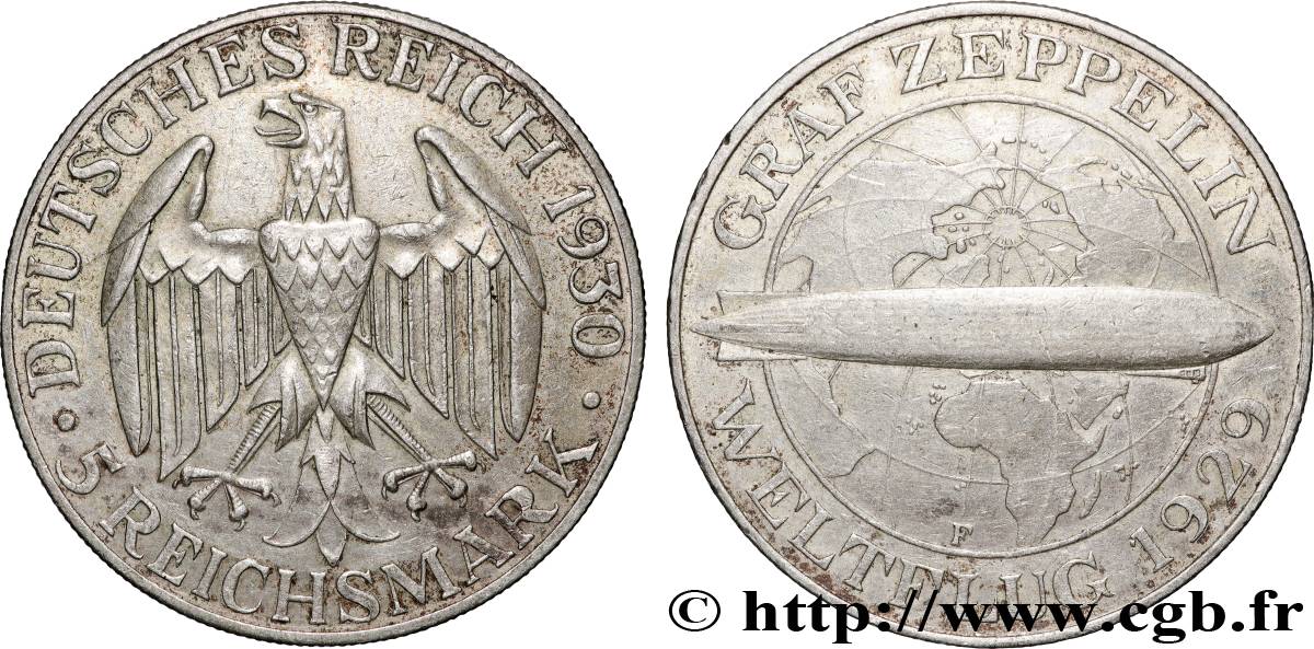 GERMANY 5 Reichsmark Graf Zeppelin 1930 Stuttgart XF 